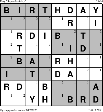 The grouppuzzles.com Easy Super-Birthday puzzle for Tuesday March 17, 2026 with the first 3 steps marked