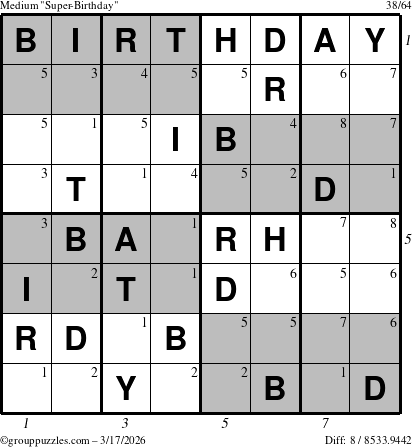 The grouppuzzles.com Medium Super-Birthday puzzle for Tuesday March 17, 2026, suitable for printing, with all 8 steps marked
