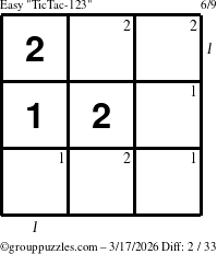 The grouppuzzles.com Easy TicTac-123 puzzle for Tuesday March 17, 2026, suitable for printing, with all 2 steps marked