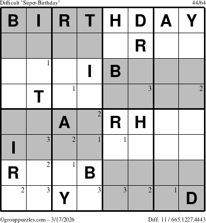 The grouppuzzles.com Difficult Super-Birthday puzzle for Tuesday March 17, 2026 with the first 3 steps marked