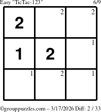 The grouppuzzles.com Easy TicTac-123 puzzle for Tuesday March 17, 2026 with the first 2 steps marked