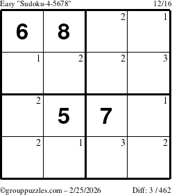 The grouppuzzles.com Easy Sudoku-4-5678 puzzle for Wednesday February 25, 2026 with the first 3 steps marked