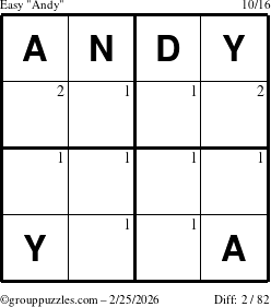 The grouppuzzles.com Easy Andy puzzle for Wednesday February 25, 2026 with the first 2 steps marked