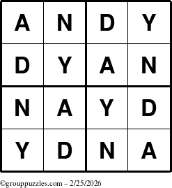 The grouppuzzles.com Answer grid for the Andy puzzle for Wednesday February 25, 2026