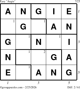 The grouppuzzles.com Easy Angie puzzle for Wednesday February 25, 2026 with all 2 steps marked