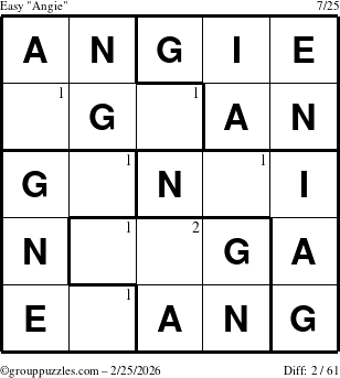 The grouppuzzles.com Easy Angie puzzle for Wednesday February 25, 2026 with the first 2 steps marked