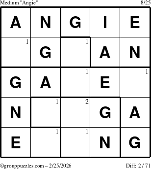 The grouppuzzles.com Medium Angie puzzle for Wednesday February 25, 2026 with the first 2 steps marked