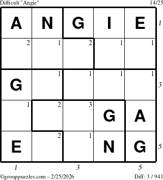 The grouppuzzles.com Difficult Angie puzzle for Wednesday February 25, 2026 with all 3 steps marked