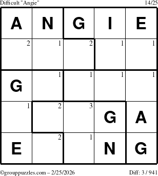 The grouppuzzles.com Difficult Angie puzzle for Wednesday February 25, 2026 with the first 3 steps marked