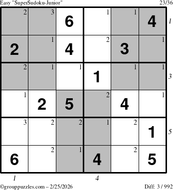 The grouppuzzles.com Easy SuperSudoku-Junior puzzle for Wednesday February 25, 2026, suitable for printing, with all 3 steps marked