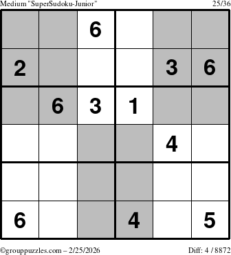 The grouppuzzles.com Medium SuperSudoku-Junior puzzle for Wednesday February 25, 2026