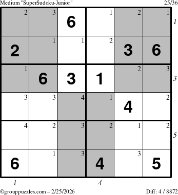 The grouppuzzles.com Medium SuperSudoku-Junior puzzle for Wednesday February 25, 2026, suitable for printing, with all 4 steps marked