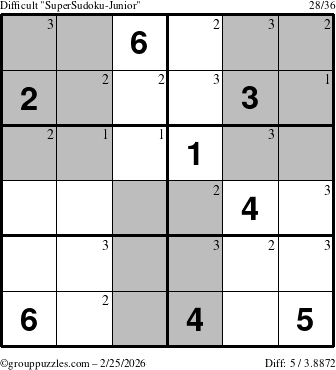 The grouppuzzles.com Difficult SuperSudoku-Junior puzzle for Wednesday February 25, 2026 with the first 3 steps marked