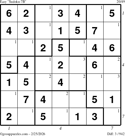 The grouppuzzles.com Easy Sudoku-7B puzzle for Wednesday February 25, 2026, suitable for printing, with all 3 steps marked