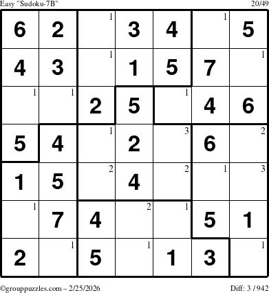 The grouppuzzles.com Easy Sudoku-7B puzzle for Wednesday February 25, 2026 with the first 3 steps marked