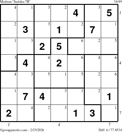 The grouppuzzles.com Medium Sudoku-7B puzzle for Wednesday February 25, 2026, suitable for printing, with all 6 steps marked