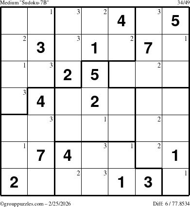 The grouppuzzles.com Medium Sudoku-7B puzzle for Wednesday February 25, 2026 with the first 3 steps marked