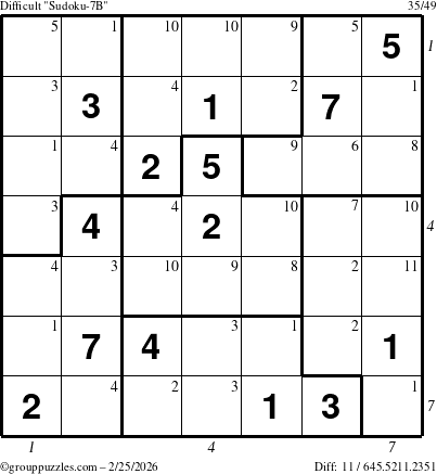 The grouppuzzles.com Difficult Sudoku-7B puzzle for Wednesday February 25, 2026, suitable for printing, with all 11 steps marked