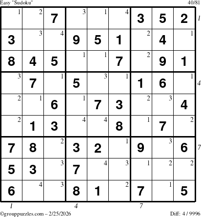 The grouppuzzles.com Easy Sudoku puzzle for Wednesday February 25, 2026 with all 4 steps marked