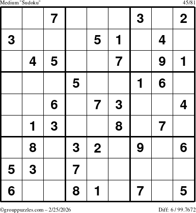 The grouppuzzles.com Medium Sudoku puzzle for Wednesday February 25, 2026