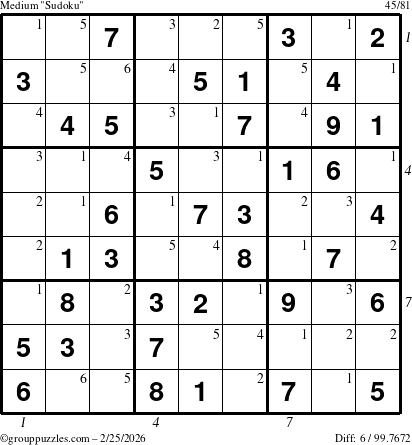 The grouppuzzles.com Medium Sudoku puzzle for Wednesday February 25, 2026, suitable for printing, with all 6 steps marked