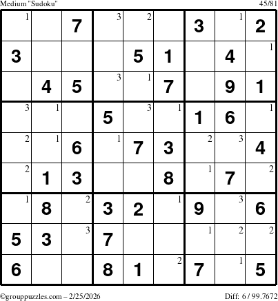 The grouppuzzles.com Medium Sudoku puzzle for Wednesday February 25, 2026 with the first 3 steps marked
