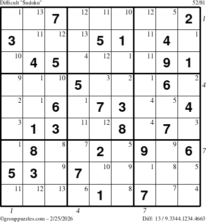 The grouppuzzles.com Difficult Sudoku puzzle for Wednesday February 25, 2026, suitable for printing, with all 13 steps marked