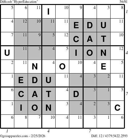 The grouppuzzles.com Difficult HyperEducation-i23 puzzle for Wednesday February 25, 2026, suitable for printing, with all 12 steps marked