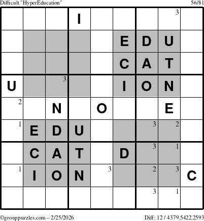 The grouppuzzles.com Difficult HyperEducation-i23 puzzle for Wednesday February 25, 2026 with the first 3 steps marked