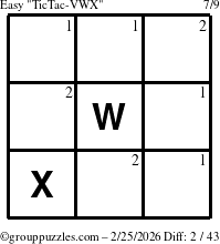 The grouppuzzles.com Easy TicTac-VWX puzzle for Wednesday February 25, 2026 with the first 2 steps marked