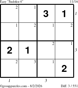 The grouppuzzles.com Easy Sudoku-4 puzzle for Sunday August 2, 2026, suitable for printing, with all 3 steps marked