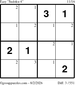 The grouppuzzles.com Easy Sudoku-4 puzzle for Sunday August 2, 2026 with the first 3 steps marked