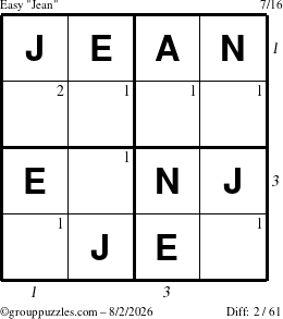 The grouppuzzles.com Easy Jean puzzle for Sunday August 2, 2026, suitable for printing, with all 2 steps marked