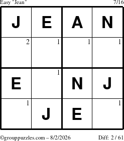 The grouppuzzles.com Easy Jean puzzle for Sunday August 2, 2026 with the first 2 steps marked