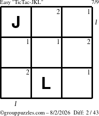 The grouppuzzles.com Easy TicTac-JKL puzzle for Sunday August 2, 2026 with all 2 steps marked