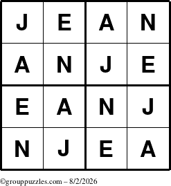 The grouppuzzles.com Answer grid for the Jean puzzle for Sunday August 2, 2026
