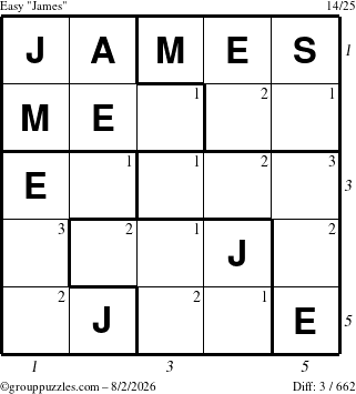 The grouppuzzles.com Easy James puzzle for Sunday August 2, 2026 with all 3 steps marked