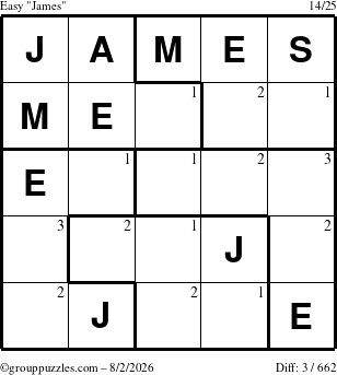 The grouppuzzles.com Easy James puzzle for Sunday August 2, 2026 with the first 3 steps marked