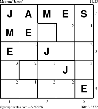 The grouppuzzles.com Medium James puzzle for Sunday August 2, 2026 with all 3 steps marked