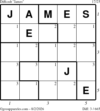 The grouppuzzles.com Difficult James puzzle for Sunday August 2, 2026 with all 3 steps marked