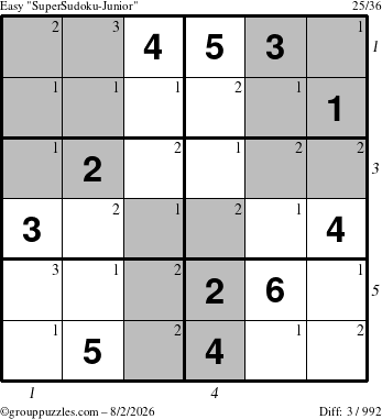 The grouppuzzles.com Easy SuperSudoku-Junior puzzle for Sunday August 2, 2026 with all 3 steps marked