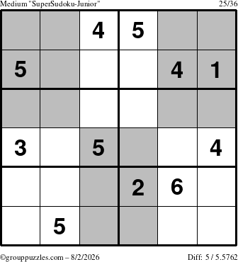 The grouppuzzles.com Medium SuperSudoku-Junior puzzle for Sunday August 2, 2026