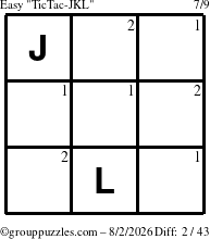 The grouppuzzles.com Easy TicTac-JKL puzzle for Sunday August 2, 2026 with the first 2 steps marked