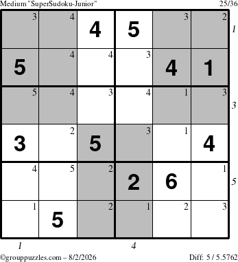 The grouppuzzles.com Medium SuperSudoku-Junior puzzle for Sunday August 2, 2026, suitable for printing, with all 5 steps marked
