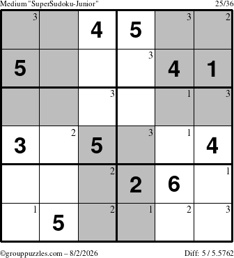 The grouppuzzles.com Medium SuperSudoku-Junior puzzle for Sunday August 2, 2026 with the first 3 steps marked