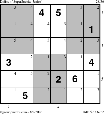 The grouppuzzles.com Difficult SuperSudoku-Junior puzzle for Sunday August 2, 2026, suitable for printing, with all 5 steps marked