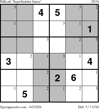 The grouppuzzles.com Difficult SuperSudoku-Junior puzzle for Sunday August 2, 2026 with the first 3 steps marked