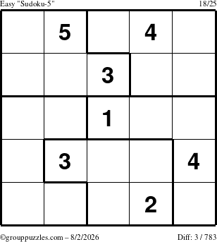 The grouppuzzles.com Easy Sudoku-5 puzzle for Sunday August 2, 2026