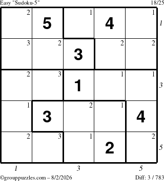 The grouppuzzles.com Easy Sudoku-5 puzzle for Sunday August 2, 2026, suitable for printing, with all 3 steps marked