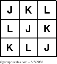 The grouppuzzles.com Answer grid for the TicTac-JKL puzzle for Sunday August 2, 2026